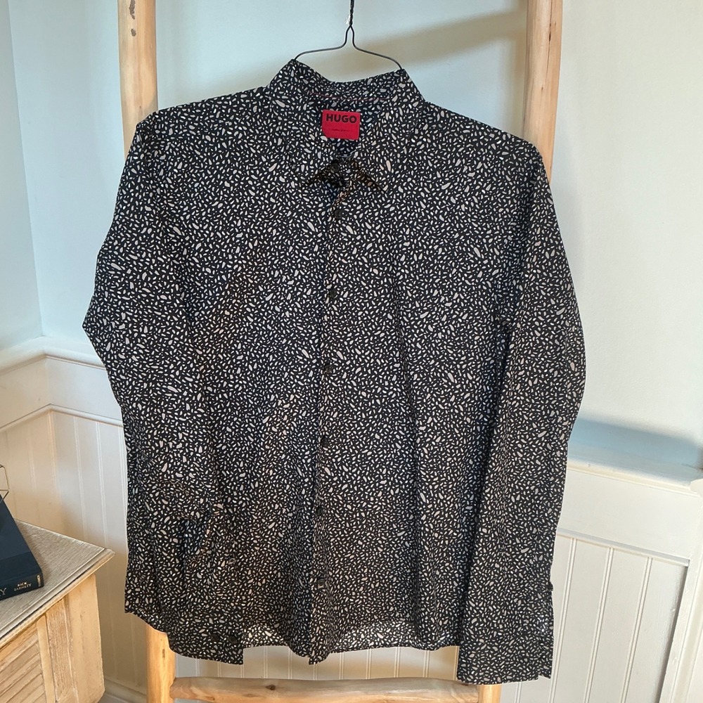 HUGO Hugo Boss Mens Casual Slim Fit Abstract Pebble Print Cotton Shirt Black M